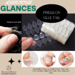 Breathable sticky tabs for press-on nails – ultra-thin adhesive sheets shown on a white background with press-on nails beside them.