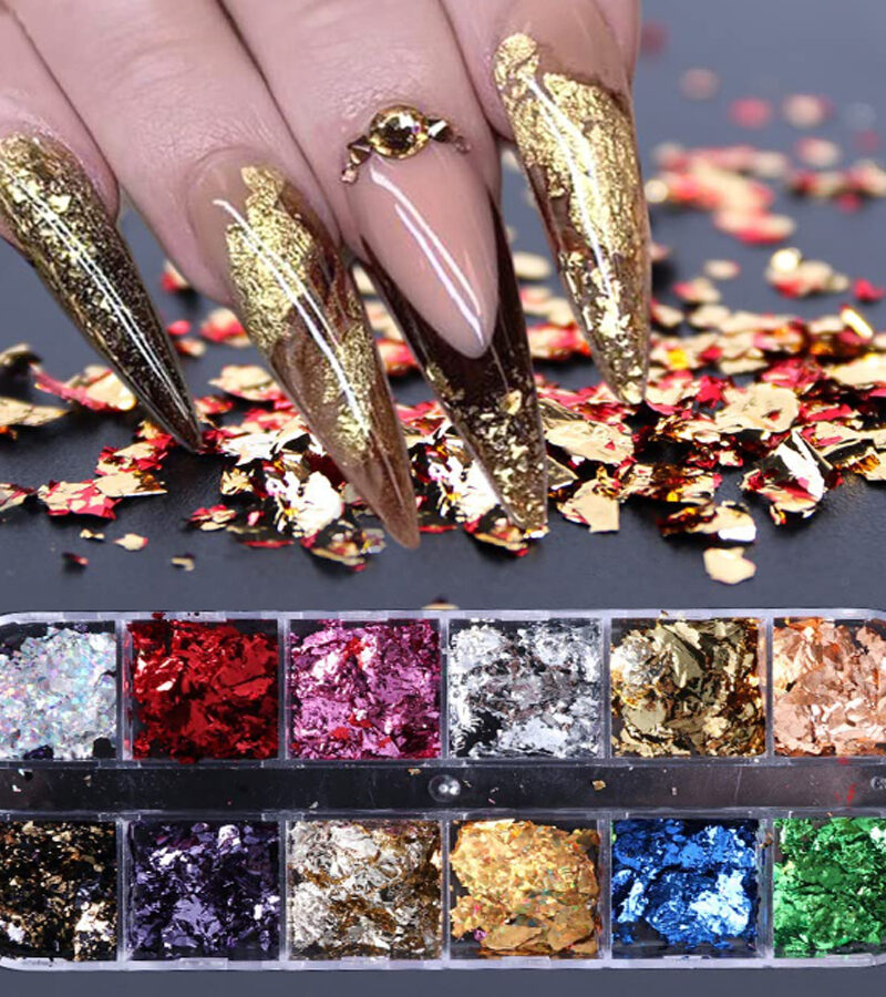 12 Colors Sparkly Nail Foil Flakes – Ultra-thin aluminum nail art flakes by Luscious Glances for gel, acrylic & DIY designs