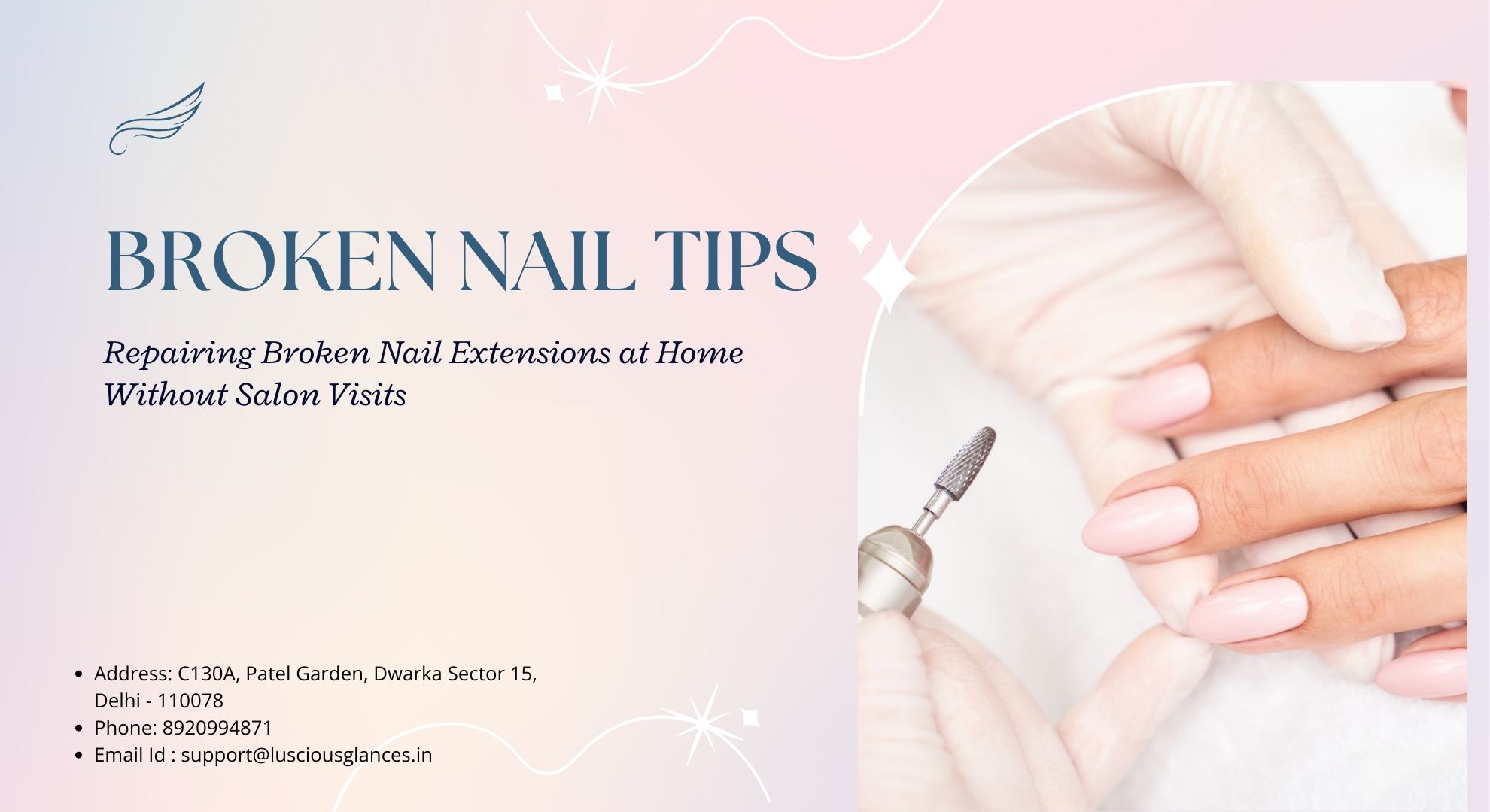 Close-up of a woman’s hand with long nail extensions, one nail showing a small crack being repaired at home using nail glue and tools, representing DIY nail extension repair.