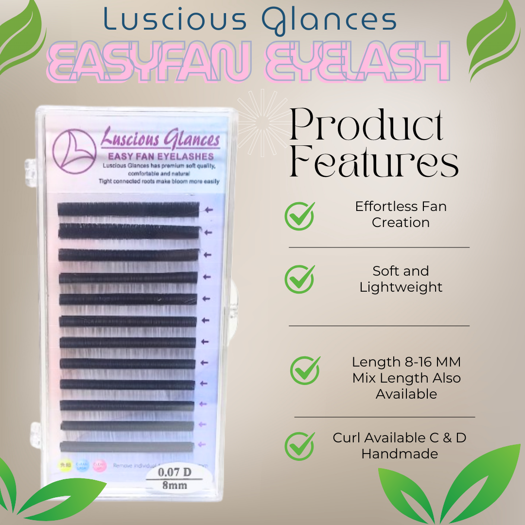 Luscious Glances Easy Fan Eyelash Extension Box – Soft, lightweight volume lashes in C/D curl, 8–18mm lengths